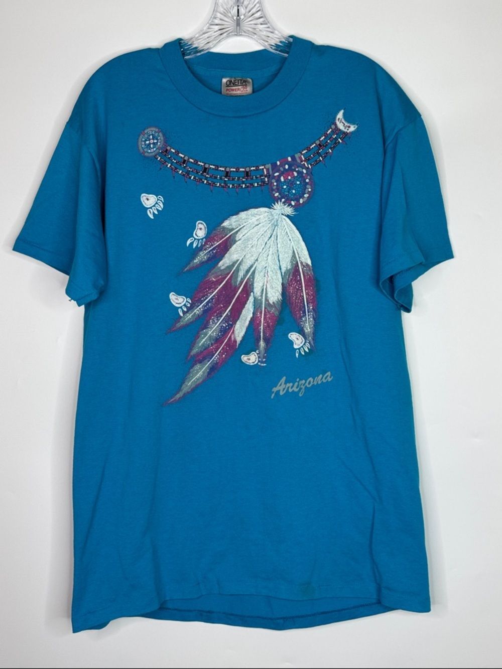 Vintage Oneita Blue Arizona Native American Feather Tshirt Size Large